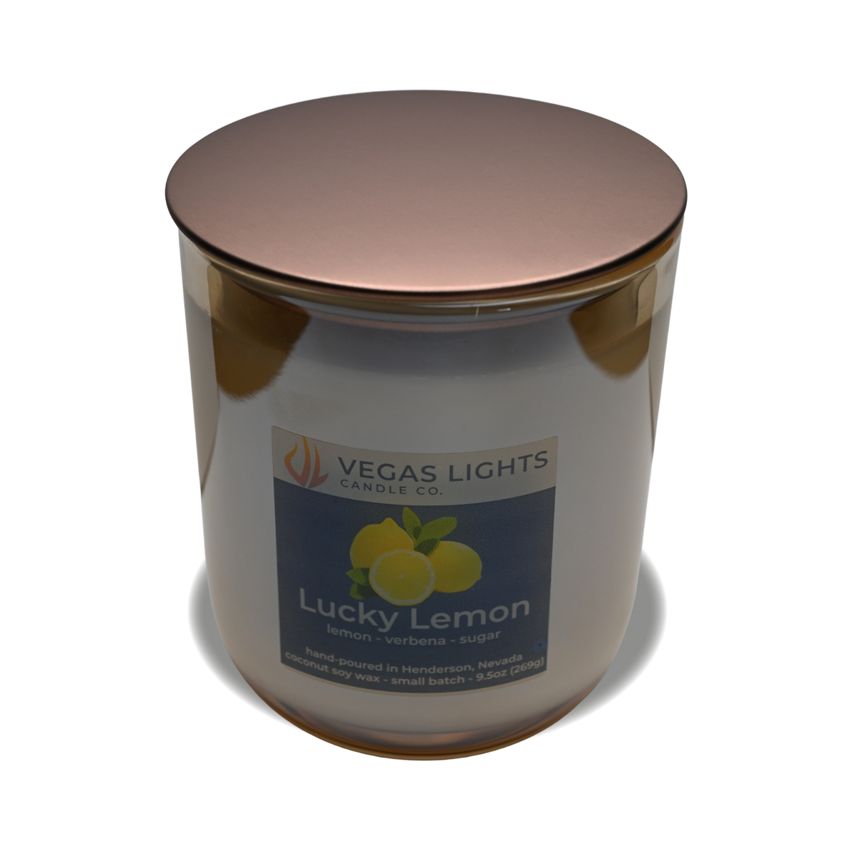 Vegas Lights Candle Co. Lucky Lemon candle with a bronze lid on a white background