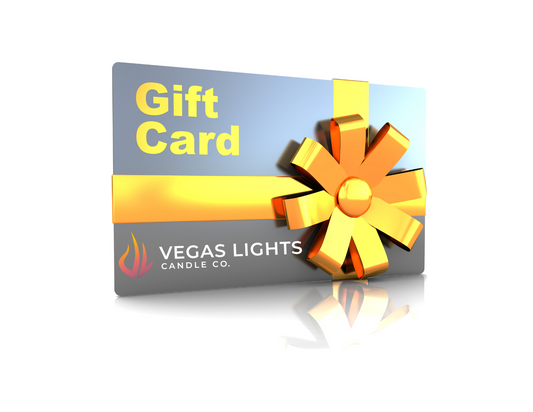 A plastic card that says Gift Card from Vegas Lights Candle Company