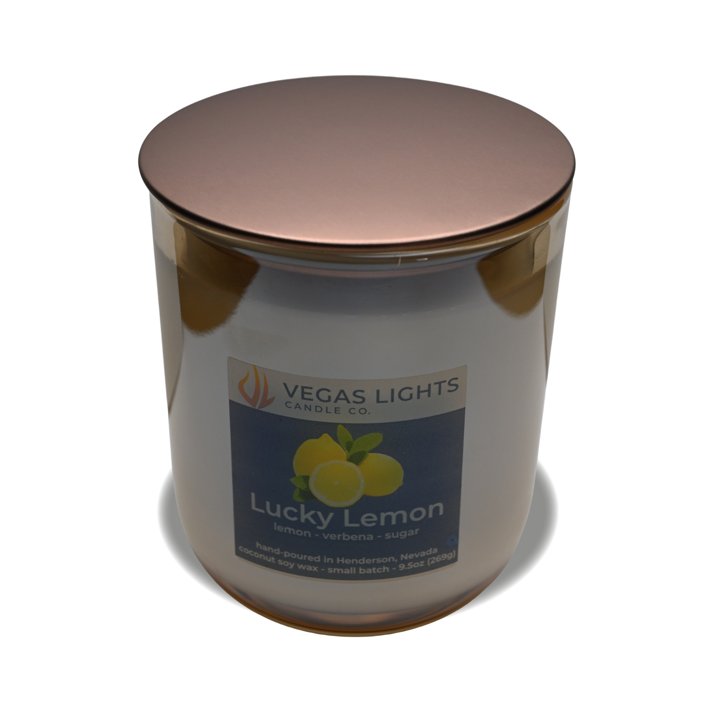 Vegas Lights Candle Co. Lucky Lemon candle with a bronze lid on a white background