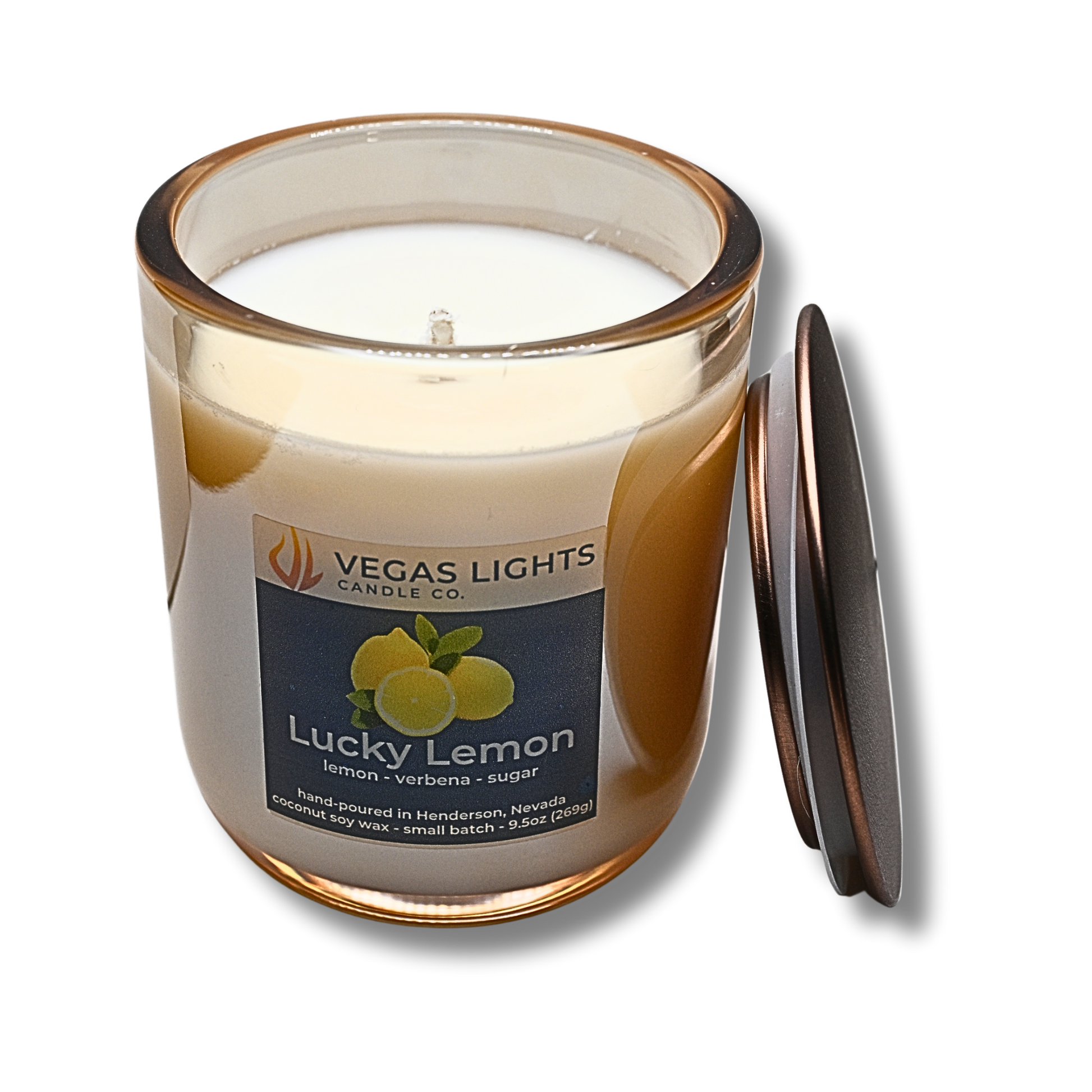 Vegas Lights Candle Co. Lucky Lemon candle with a champagne luster glass jar and bronze lid on a white background