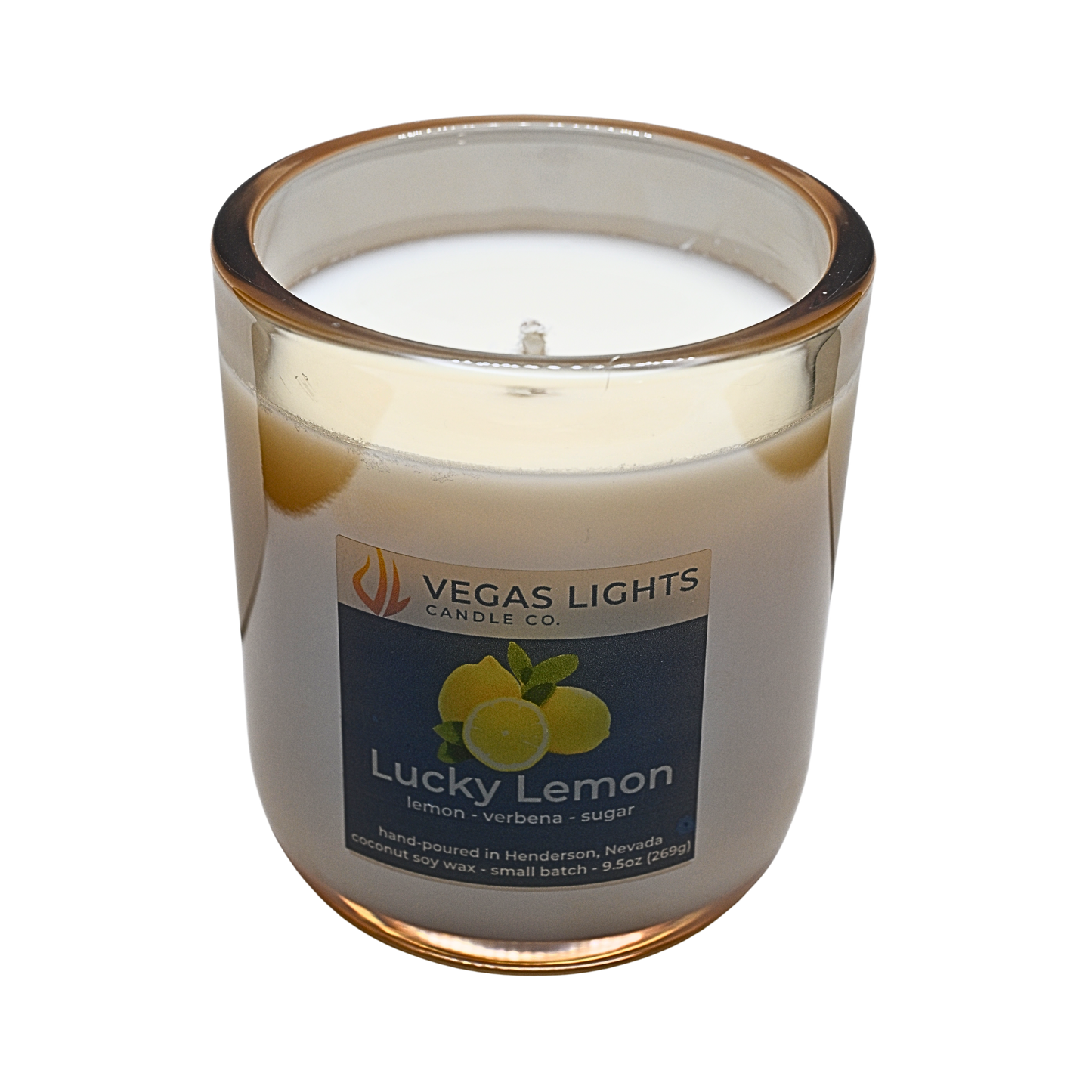 Vegas Lights Candle Co. Lucky Lemon candle in a glass jar on a white background