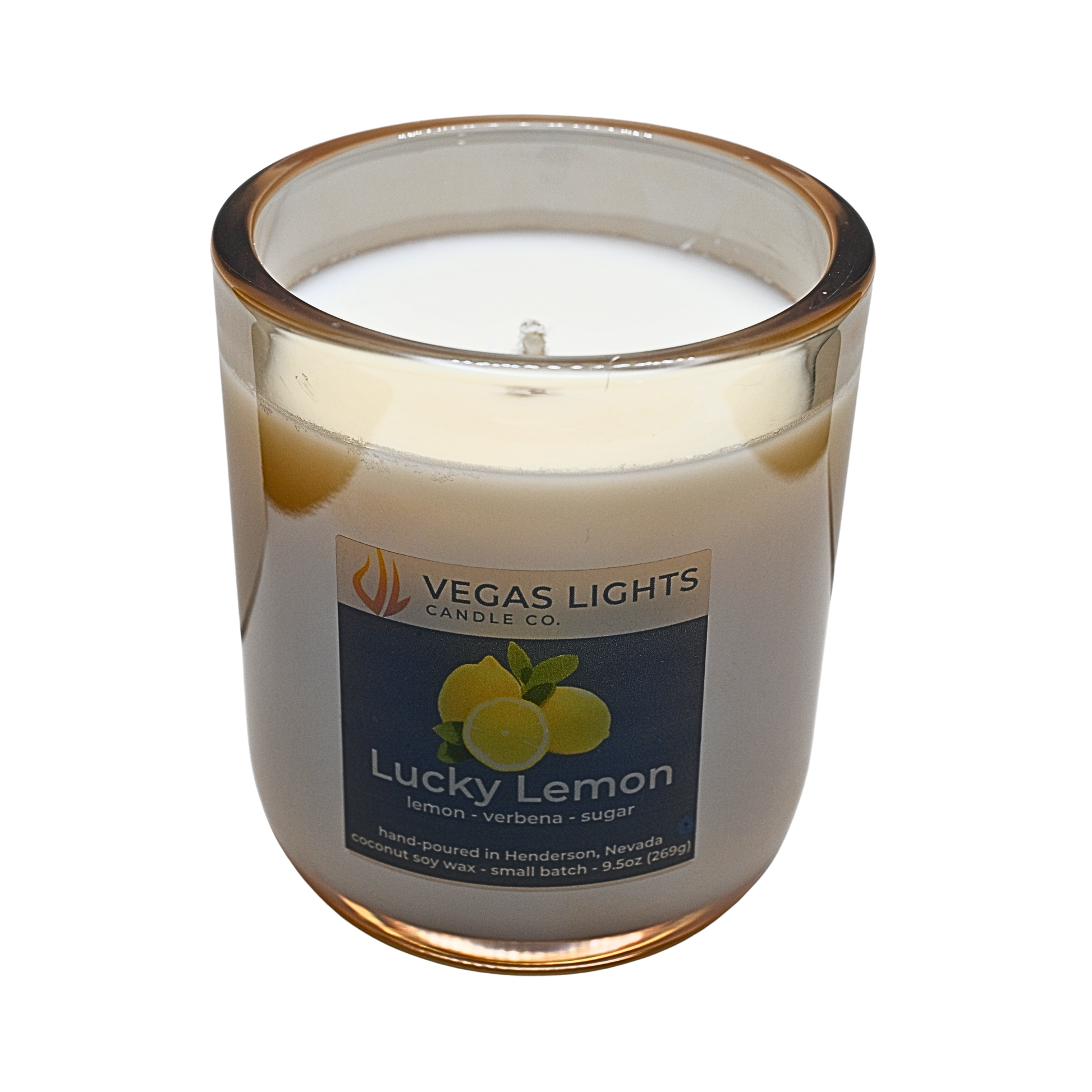 Vegas Lights Candle Co. Lucky Lemon candle in a glass jar on a white background