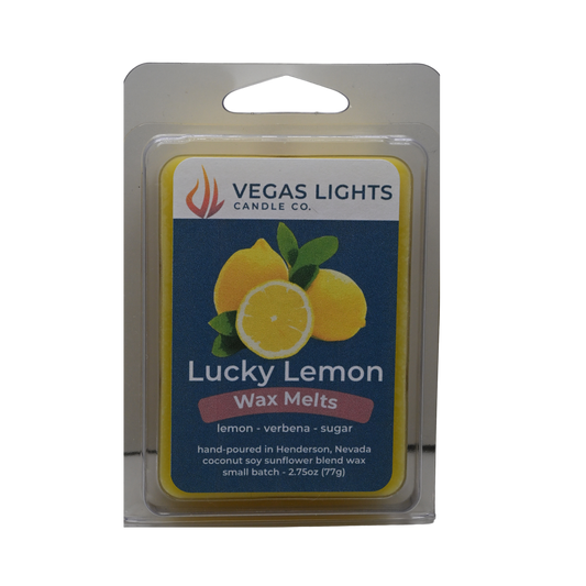Vegas Lights Candle Co. Lucky Lemon wax melts packaging on a white background