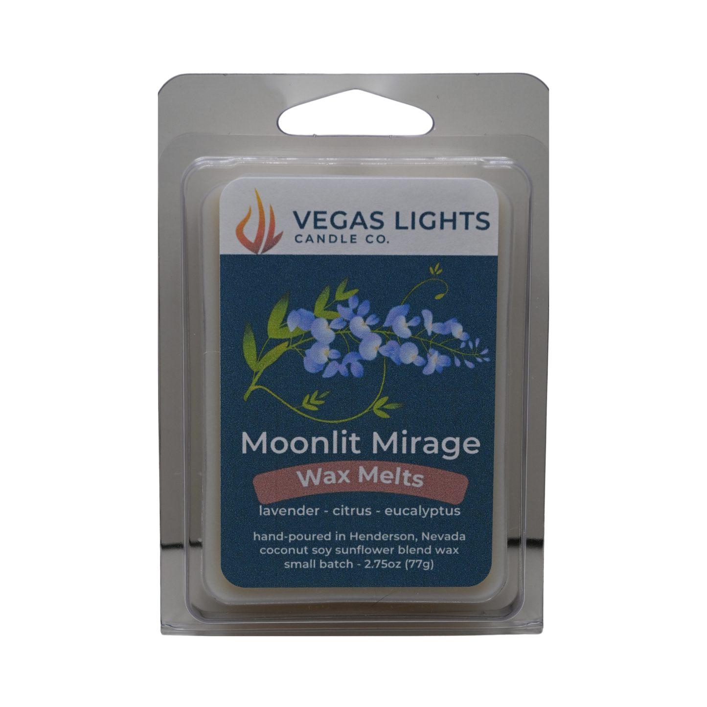 Vegas Lights Candle Co. Moonlit Mirage wax melts packaging on a white background