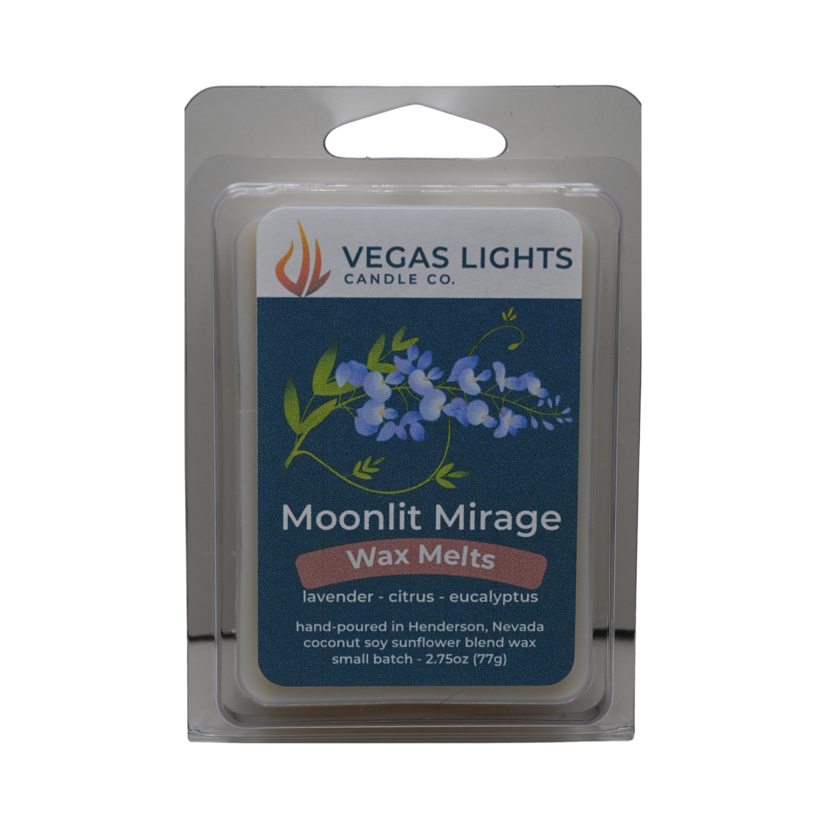 Vegas Lights Candle Co. Moonlit Mirage wax melts packaging on a white background