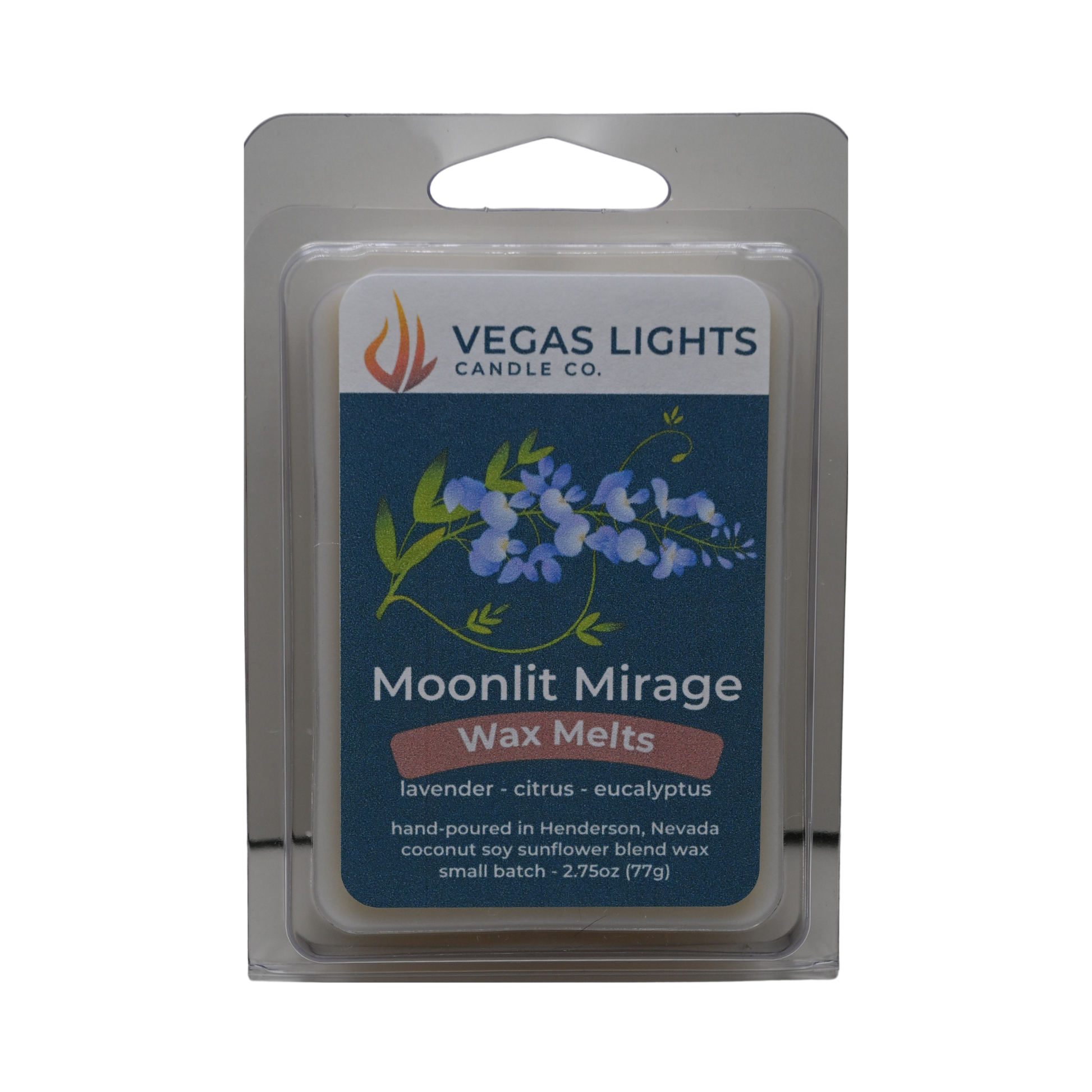 Vegas Lights Candle Co. Moonlit Mirage wax melts packaging on a white background