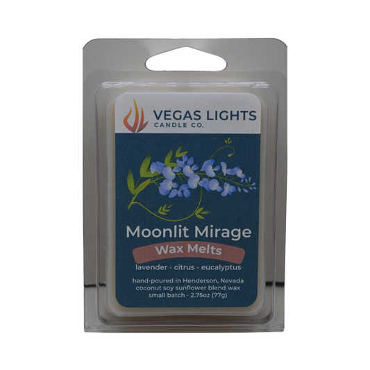 Vegas Lights Candle Co. Moonlit Mirage wax melts packaging on a white background