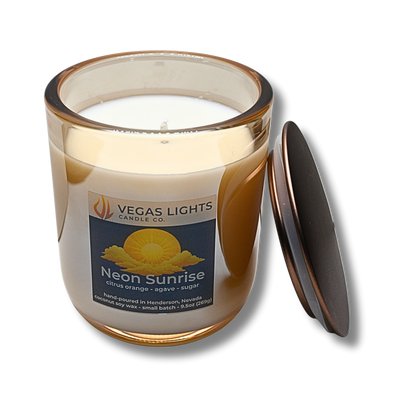 Vegas Lights Candle Co. 'Neon Sunrise' candle with a visible label on a white background