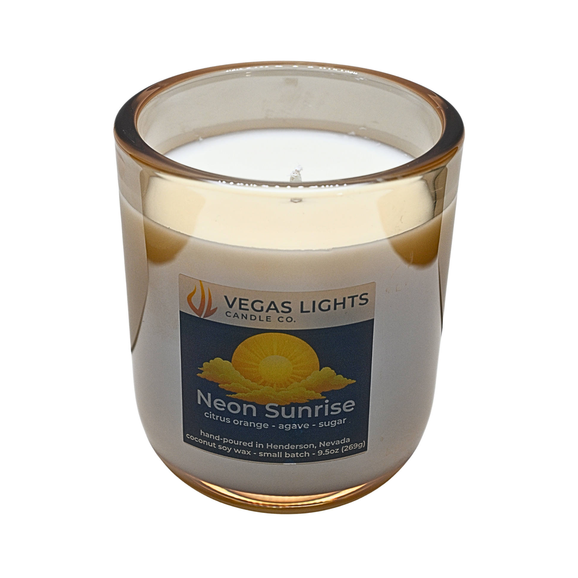 Vegas Lights Candle Co. 'Neon Sunrise' candle with a label on a white background