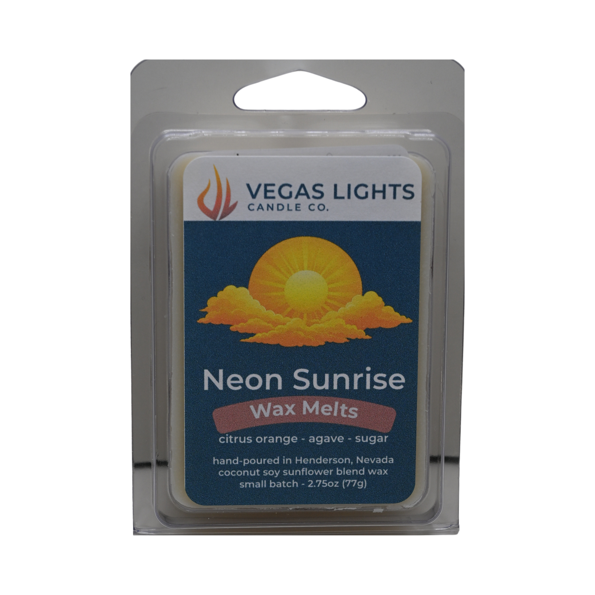 Vegas Lights Candle Co. Neon Sunrise wax melts packaging on a white background