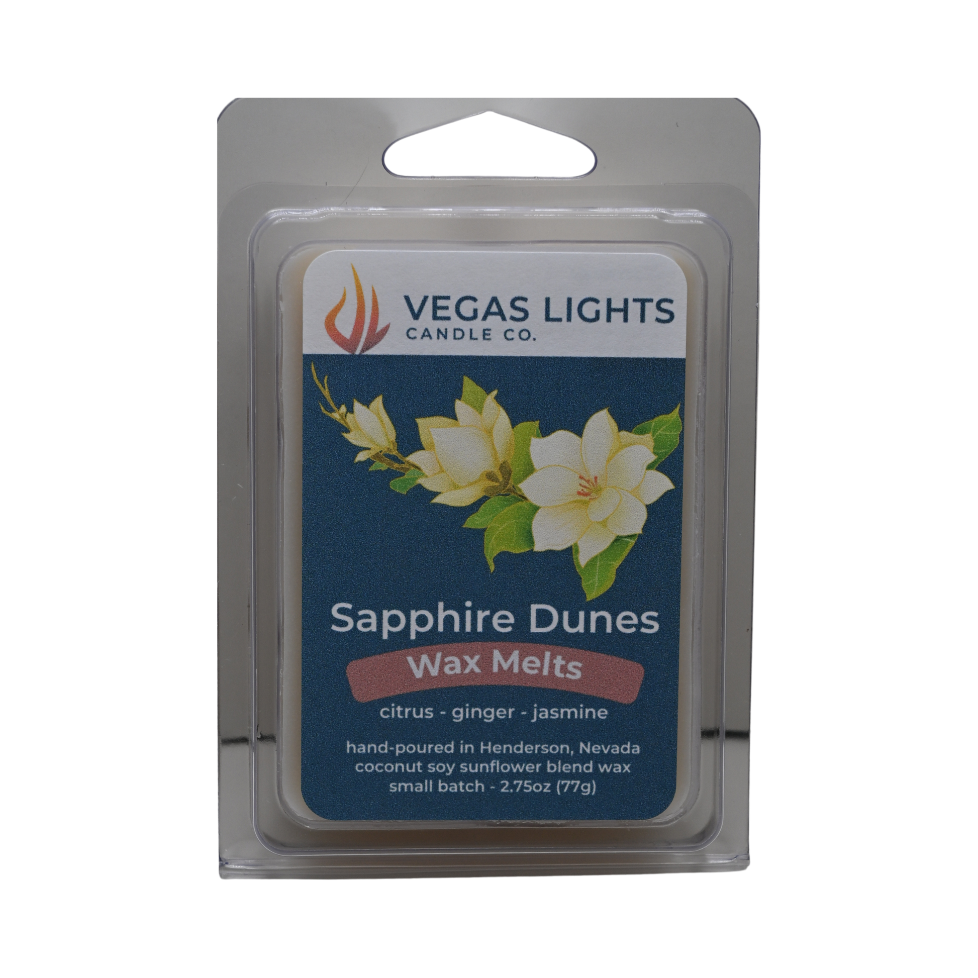 Vegas Lights Candle Co. Sapphire Dunes wax melts packaging on a white background