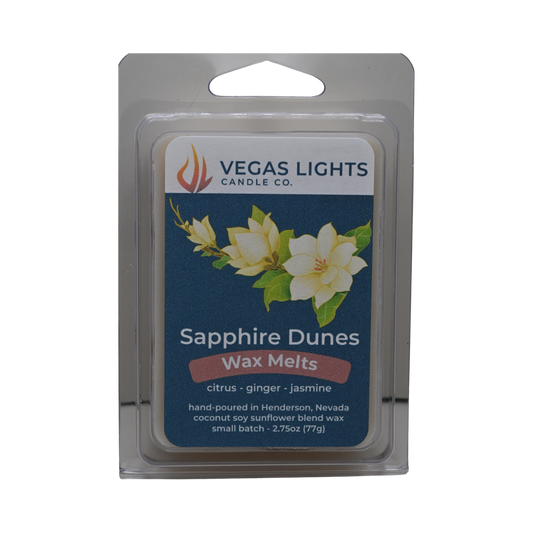 Vegas Lights Candle Co. Sapphire Dunes wax melts packaging on a white background