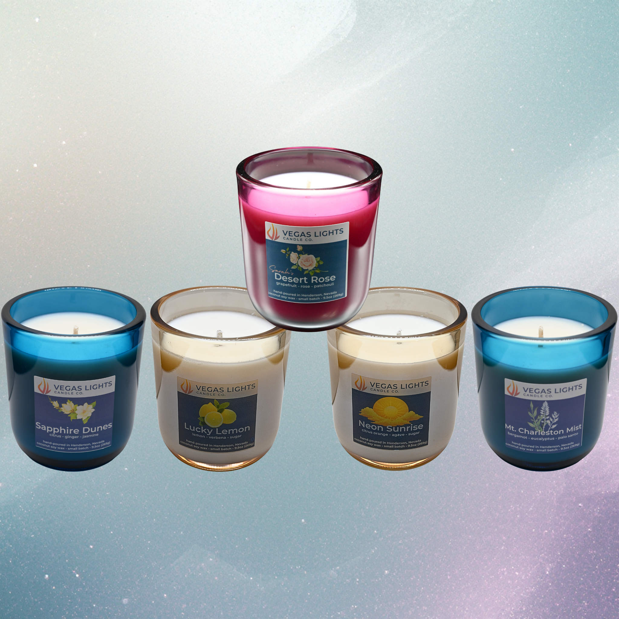 Five candles of Vegas Lights Candle Co.