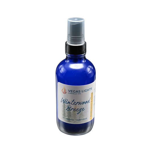 Vegas Lights Candle Co. spray bottle labeled 'Winterwood Breeze' on a white background